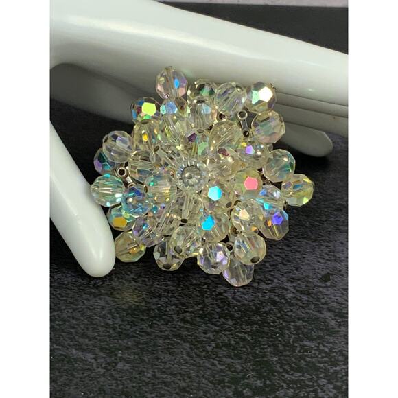 Aurora Borealis Crystal Beaded Brooch Super Charming Silver Tone Frame Vintage - Picture 1 of 9